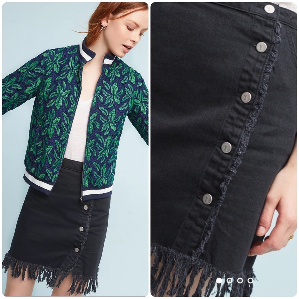 Anthro Pilcro Black Wash Fringe Trim Asymmetric Button Front Jean Skirt - Picture 12 of 12